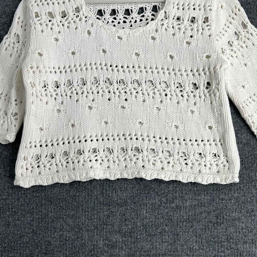 Vintage Speigel Womens Sweater Size Medium White Open Knit Cropped Pullover 90s